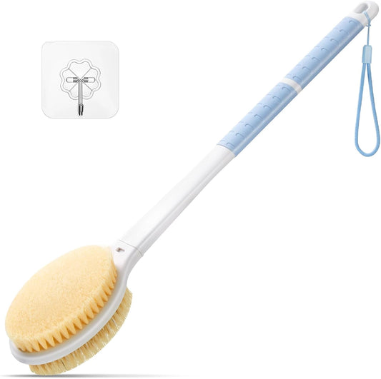 Body Shower Brush Back Scrubber: Anti Slip Long Handle Bath Brush with Stiff and Soft Bristles - Showering Exfoliator for Women, Men, Elderly (Blue)