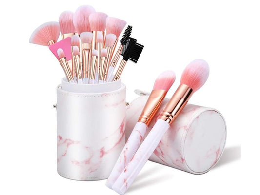 Makeup Brushes Sets  16PCS Pink Marble Make up Brushes Foundation Eyeshadow Concealer Eyebrow Blush Brush Set With Makeup Brush Holder and Silicone Mask Brush