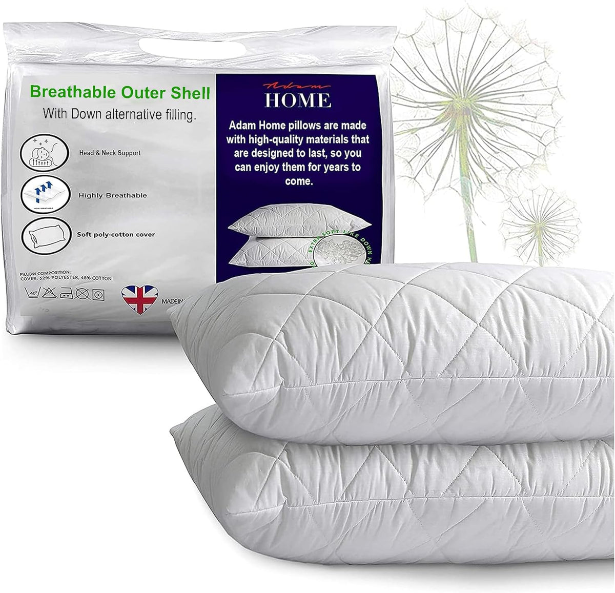 Adam Home Pillows 2 Pack Hotel Quality with Quilted Cover Filled Pillows for Stomach, Back and Side Sleeper, Down Alternative Bed Pillow-Soft Hollow-Fiber Hotel Pillow