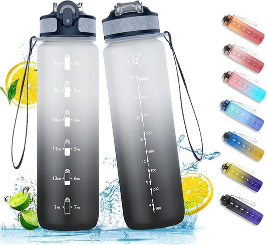 Water Bottle, 1L Sports Water Bottle with Straw, Time Markings, Leak Proof, Tritan BPA free for School, Cycling, Running (1 Bottle)