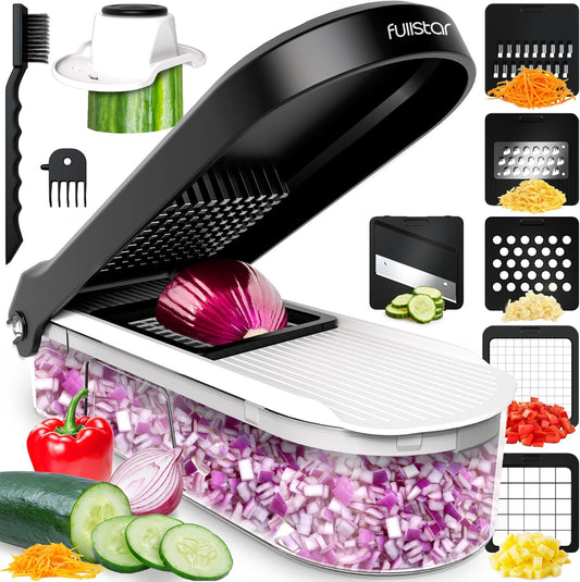 Vegetable Chopper Cutter Mandoline Slicer Cheese Grater - Food Onion Salad Veggie Chopper with Container - French Fry Potato Dicer Slicer Cutter - Kitchen Tools Gadgets (6-in-1 Compact White) Set Stainless