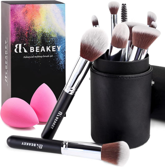 BEAKEY Makeup Brushes, Foundation Brushes, Blending Face Powder Blush Eyeshadow Brushes, Gift for Ladies and Girls, Brush Sets with Two Sponges (10+2pcs, with Black Brush Case)