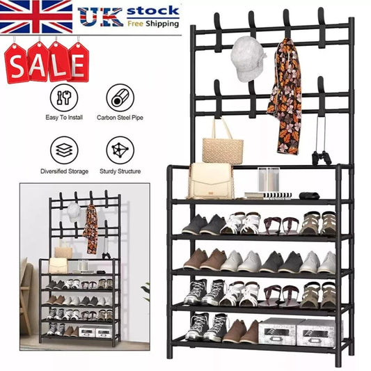 Coat and Hat Stand 8 Hooks Metal Storage Shoe Rack 5 Tiers Shelf Hanger Black