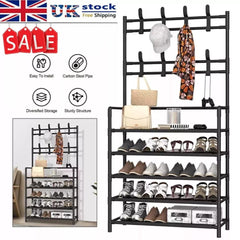 Coat and Hat Stand 8 Hooks Metal Storage Shoe Rack 5 Tiers Shelf Hanger Black