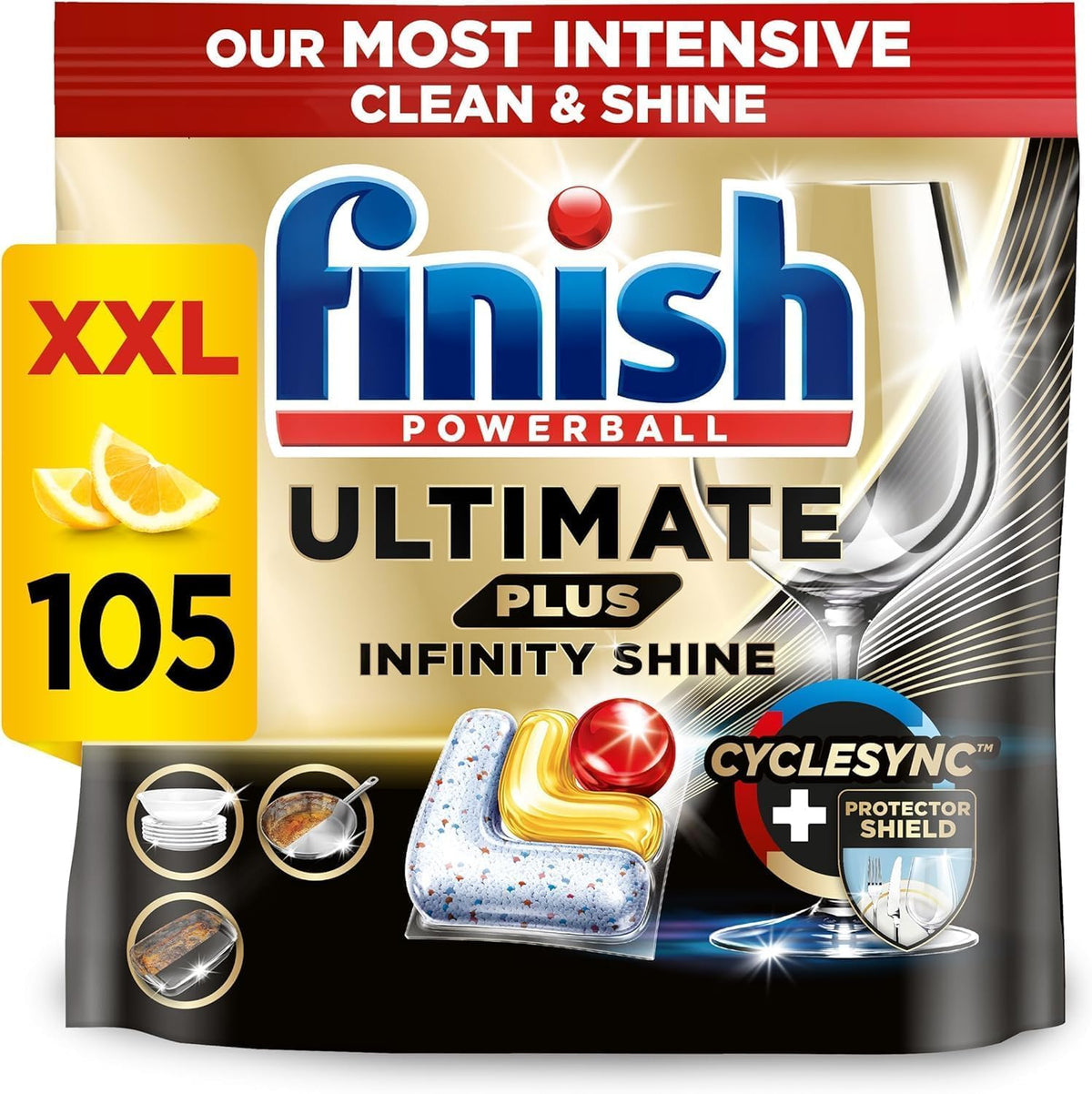 Finish Ultimate Plus Infinity Shine Dishwasher Tablets bulk | Scent : Lemon | Size: 105 Dishwasher Tabs |For Superb Clean and Diamond Shine, packaging may vary Household Cleaner