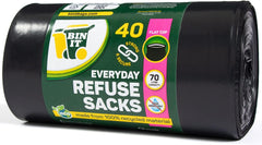40 Everyday 70L Strong & Secure, Refuse Sacks, Bin Bags, Bin Liners, Flat Top, Recycled, Tear Resistant, 30 μm, Perfect for Everyday Use, Household, Office, Kitchen & Caterers