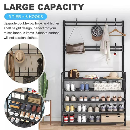 New Black Metal Shoe Rack with 8 Hooks and 5 Tiers Shelf Hanger for Coat and Hat, 80cm Height