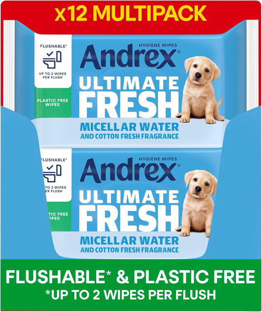 Andrex Ultimate Fresh Washlets, 12 Packs - Gentle, Biodegradable, Flushable Toilet Wipes for Everyday Hygiene, Use with Regular Toilet Roll for a Shower Fresh Clean