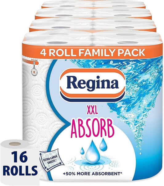 Regina XXL Absorb Kitchen Towels – 16/8/6 Rolls Per Pack, Super Absorbent 2-ply sheets, 75 Extra-large Sheets Per Roll, 50% More Absorbent Than Previous XXL Products, Easy Open Pack, 60% PCR Plastic
