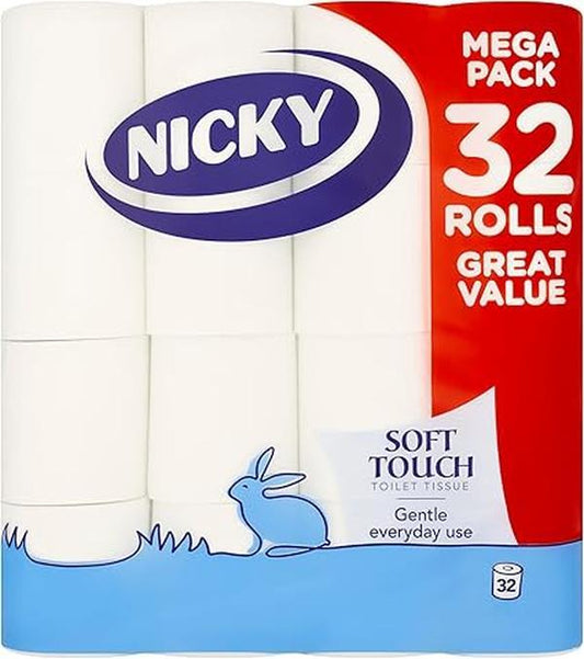 Nicky Soft Touch Toilet Tissue Extra Value Pack - 32 Rolls of 2-Ply White Paper with Modern Embossing & 190 Sheets per Roll - Wipes