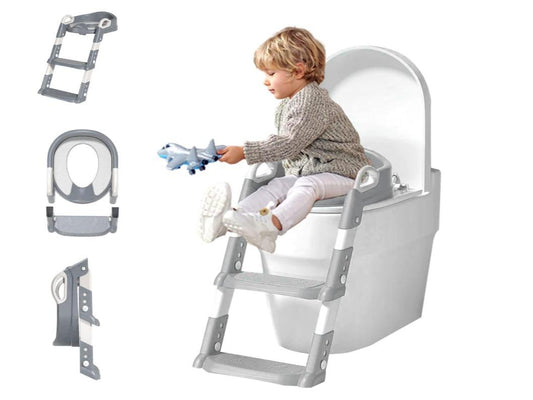 Potty Training Toilet Seat with Step Stool Ladder for Kids | Foldable Anti-Splash Guard Soft Cushion Handle for Baby Boys - Assistant Ring with Handles and Backrest (Toilet Seat with Ladder)