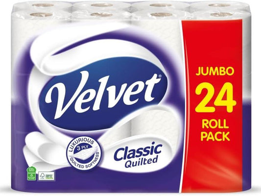 Velvet Classic Quilted Toilet Tissue 24 Rolls - 3-Ply White Bulk Pack - Wipes