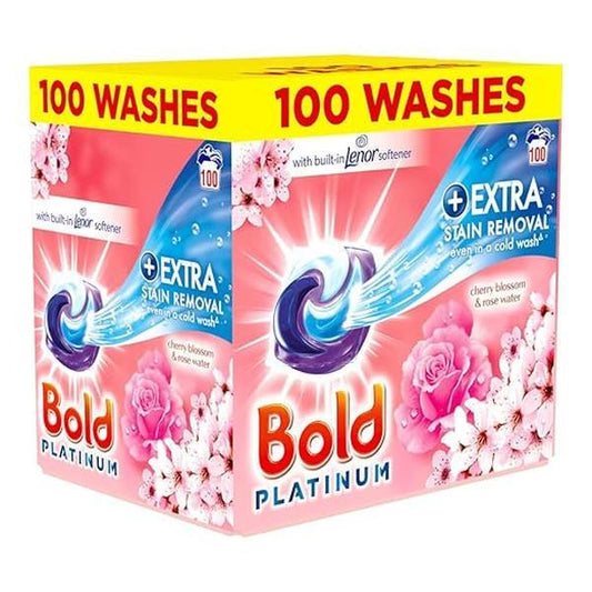Bold Platinum Pods, Laundry Detergent, Washing Liquid Pods/Capsules, 100 Washes - Cherry Blossom & Rose Water - Extra Stain Removal Even In a Cold Wash Household