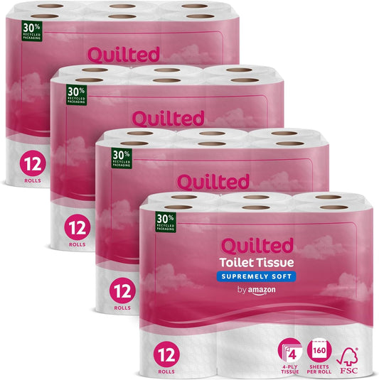 Toilet Roll, 4-ply Quilted, Supremely Soft, 48 Rolls (4 Packs of 12), 160 Sheets per Roll, FSC Certified