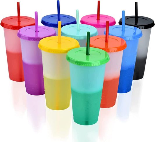 10 Pcs Reusable Plastic Tumblers with Lids & Straws - 24oz Cute Colour Changing Cups, Bulk Iced Coffee Cup Party Tumbler Set Travel Cups for Kids Adults Party Smoothie Cup Travel Mugs Bottle Drinkware