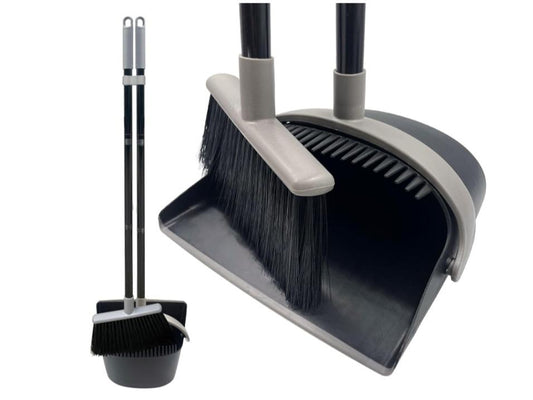 Black & Grey Long Handled Dustpan and Brush Set for Tall Lobby Cleaning - Reduce Bending Broom and Dustpan Set