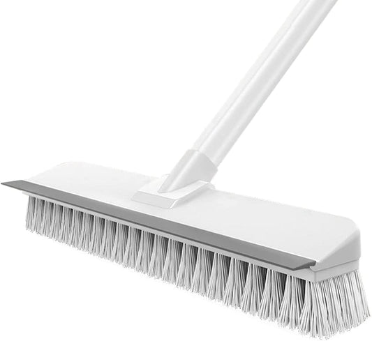 Floor Brush Indoor/Outdoor Push Broom, Stiff Bristles Floor Scrub Brush with Squeegee & 56in Adjustable Long Handle Sweeping Brush for Cleaning Kitchen,Bathroom,Patio,Wood,Stone,Tile Floor(White) Glass Lightweight