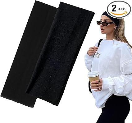 7cm Wide Black Headbands for Women Men, Yedtreg 2pack Fashion Head Bands for Women's Hair, Soft Fabric Stretchy Hair Bands for Makeup, Yoga, Running
