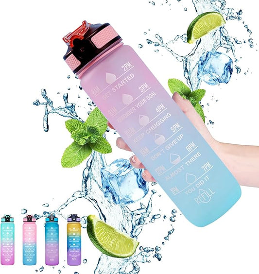 Sports Water Bottle 1 L,Motivational Water Bottle with Time Marker and Straw,30oz Leakproof Design Water Bottle Sports,Hiking,Gym,Fitness,Outdoor,Cycling,School & Office，Gradient Blue Powder