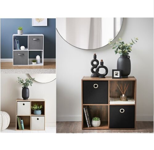 4 Cube, 2 Baskets Wooden Bookcase Shelving Storage Display Shelves Stand Unit