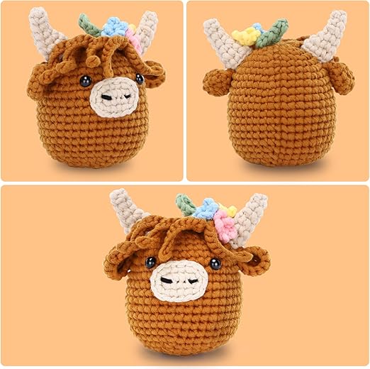 Complete Crochet Kit for Beginners - Highland Cow Style, Soft Yarn, Video Tutorial, Instructions Included