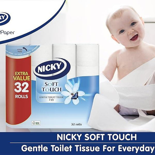 Nicky Soft Touch Toilet Tissue Extra Value Pack - 32 Rolls of 2-Ply White Paper with Modern Embossing & 190 Sheets per Roll - Wipes