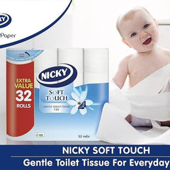 Nicky Soft Touch Toilet Tissue Extra Value Pack - 32 Rolls of 2-Ply White Paper with Modern Embossing & 190 Sheets per Roll - Wipes