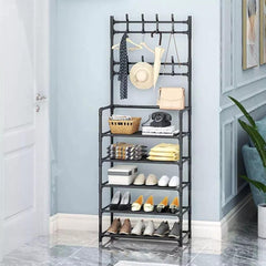 Coat and Hat Stand 8 Hooks Metal Storage Shoe Rack 5 Tiers Shelf Hanger Black