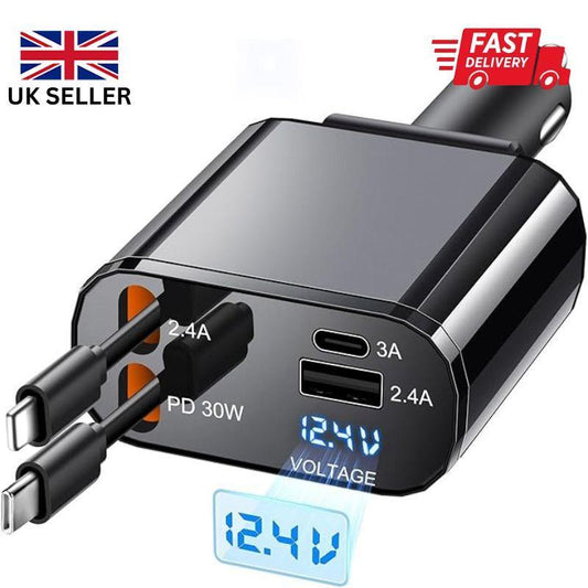 60W Fast Charge 4-in-1 Retractable Car Charger with Dual USB Ports & Type-C Cable - Sleek Metallic Finish, Compatibility for iPhone, Galaxy, Pixel - Cigarette Lighter Powered, Portable Charger car  charger  star  lights