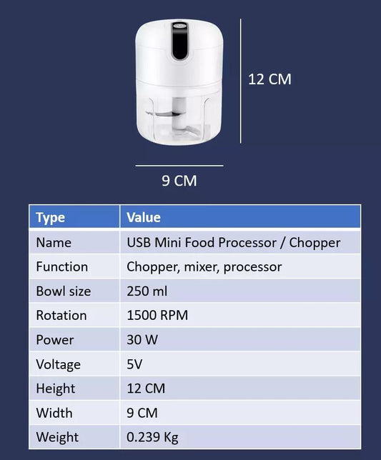 Portable Mini Food Chopper Blender Processor - 250ML - Wireless - USB - 3 Blades
