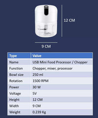 Portable Mini Food Chopper Blender Processor - 250ML - Wireless - USB - 3 Blades