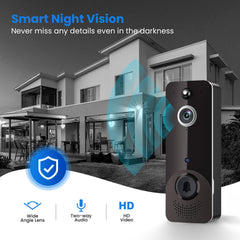 WiFi Video Doorbell with Free Ring Chime, Human Detection, Night Vision, Cloud Storage, Battery Powered