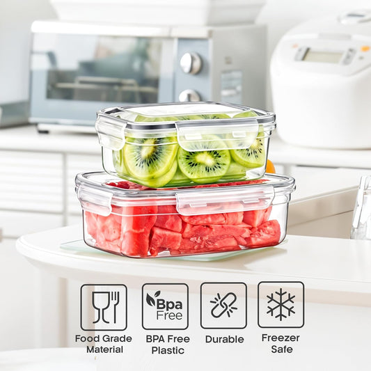 4 Piece Set Rectangular Plastic Food Storage Containers with Locking Lids, Airtight, BPA Free, Leakproof Dish-Washer Safe, Food Grade Material - Stackable Space Saving Design for Kitchen Utensils