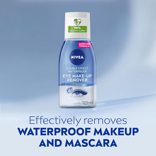 NIVEA Double Effect Waterproof Eye Make-Up Remover (125ml), Daily Use Face Cleanser for Make-Up and Mascara with Cornflower Extract and Biotin