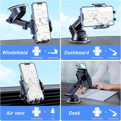 Car Phone Holder, Adjustable Car Phone Mount Cradle 360° Rotation - 4 in 1 Super Stable for Dashboard/Windscreen/Air Vent, One Button Release for All 4.7 to 6.7 inch Smartphones