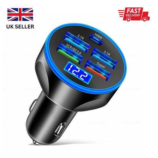 Multi Port USB Car Charger - 5 Outputs - Super Fast Charger for iPhone, Samsung & Google Pixel Phones - Device, Charging
