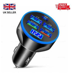 Multi Port USB Car Charger - 5 Outputs - Super Fast Charger for iPhone, Samsung & Google Pixel Phones - Device, Charging