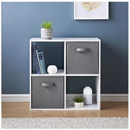 4 Cube, 2 Baskets Wooden Bookcase Shelving Storage Display Shelves Stand Unit