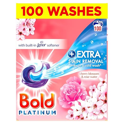 Bold Platinum Pods, Laundry Detergent, Washing Liquid Pods/Capsules, 100 Washes - Cherry Blossom & Rose Water - Extra Stain Removal Even In a Cold Wash Household
