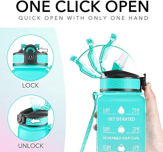 Sports Water Bottle 1 L,Motivational Water Bottle with Time Marker and Straw,30oz Leakproof Design Water Bottle Sports,Hiking,Gym,Fitness,Outdoor,Cycling,School & Office，Gradient Blue Powder