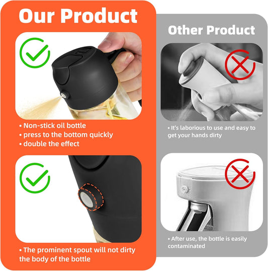 TrendPlain 16oz Olive Oil Spray Bottle - 2 in 1 Olive Oil Dispenser Bottle for Kitchen Accessories - Kitchen Gadgets, For Air Fryer - Black Utensils Nozzle
