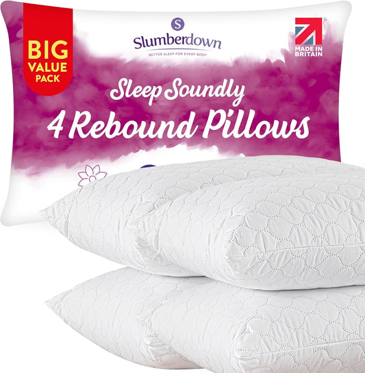 lumberdown Hotel Quality Pillows 4 Pack - Bouncy Firm Support Side Sleeper Pillow for Neck, Back & Shoulder Pain Relief - Comfy, Soft Touch Quilted Cover, Hypoallergenic, Made in the UK (48 x 74cm)