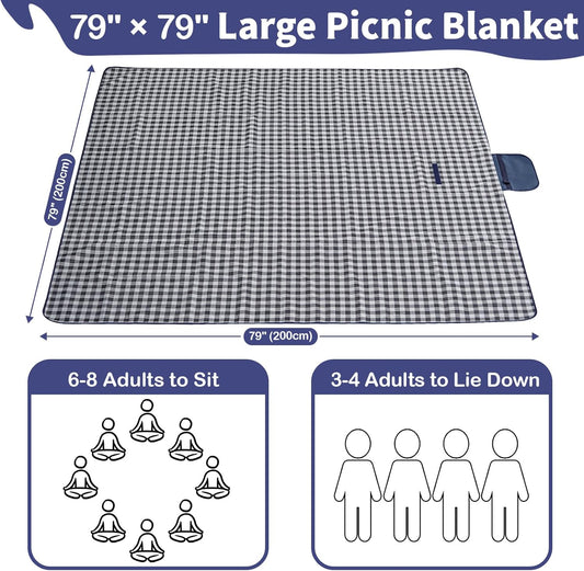 Picnic Blanket Waterproof, Extra Large Picnic Mat 200 X 200 cm, Camping Beach Blanket Washable Foldable, Camping Accessories for Outdoor Activities (Dark Blue)