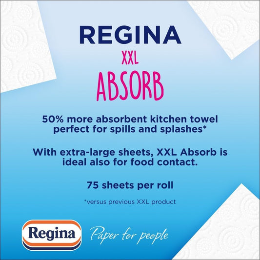 Regina XXL Absorb Kitchen Towels – 16/8/6 Rolls Per Pack, Super Absorbent 2-ply sheets, 75 Extra-large Sheets Per Roll, 50% More Absorbent Than Previous XXL Products, Easy Open Pack, 60% PCR Plastic