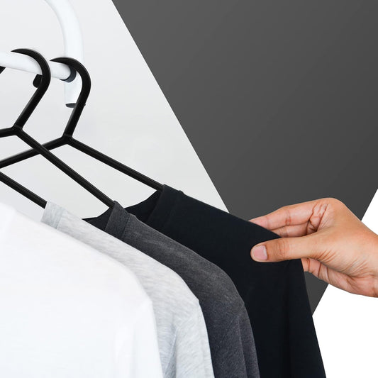 KEPLIN Adult Plastic Coat Hangers - 25pk, Black Colour, Space Saving, Suit Pants Trouser Bar and Clips