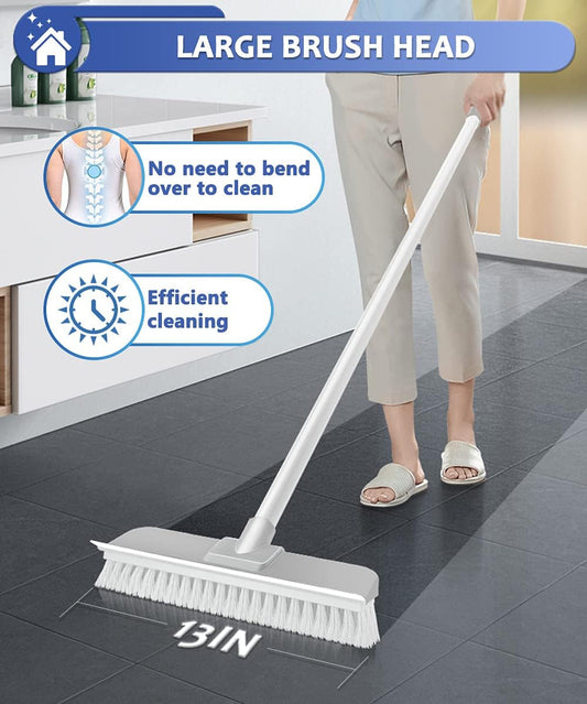 Floor Brush Indoor/Outdoor Push Broom, Stiff Bristles Floor Scrub Brush with Squeegee & 56in Adjustable Long Handle Sweeping Brush for Cleaning Kitchen,Bathroom,Patio,Wood,Stone,Tile Floor(White) Glass Lightweight