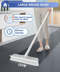 Floor Brush Indoor/Outdoor Push Broom, Stiff Bristles Floor Scrub Brush with Squeegee & 56in Adjustable Long Handle Sweeping Brush for Cleaning Kitchen,Bathroom,Patio,Wood,Stone,Tile Floor(White) Glass Lightweight