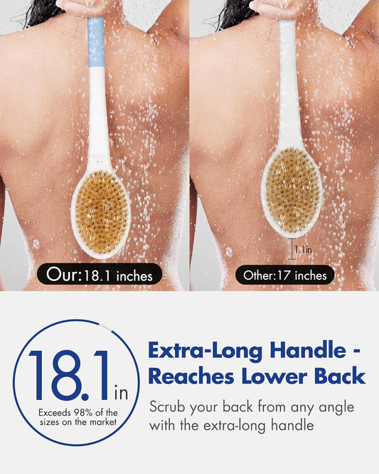 Body Shower Brush Back Scrubber: Anti Slip Long Handle Bath Brush with Stiff and Soft Bristles - Showering Exfoliator for Women, Men, Elderly (Blue)
