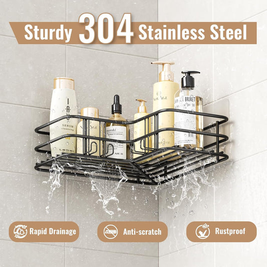 Corner Shower Caddy, No Drilling Bathroom Shelf Organiser, Stainless Steel Shower Storage Rack with Soap Razor Holder Hollow Installation