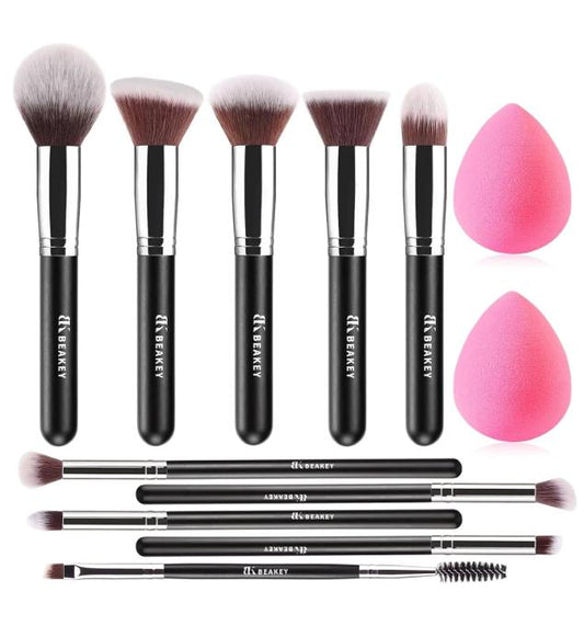 Make up Brushes 12Pcs Makeup Kit, Premium Synthetic Kabuki Foundation Face Powder Concealers Eyeshadow Blush Brushes Make up Brushes Set, with 2pcs Blender Sponges (Black/Silver)